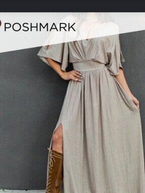 Joyfolie Taupe Printed Maxi Dress with V-Neck Large